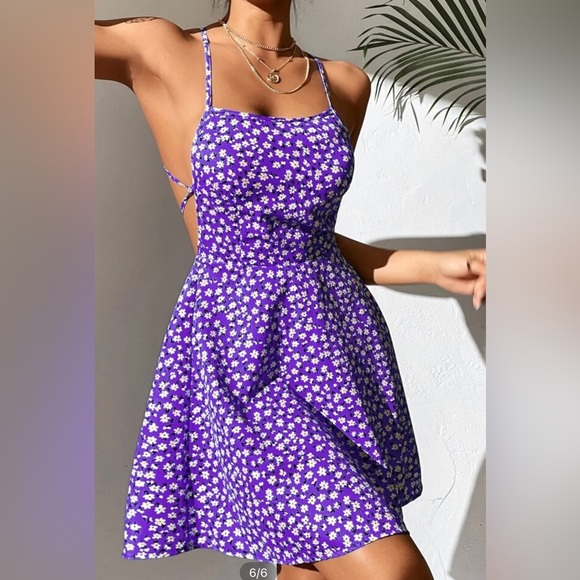 PURPLE DITSY FLORAL CRISS CROSS TIE BACKLESS CAMI DRESS - Picture 1 of 1